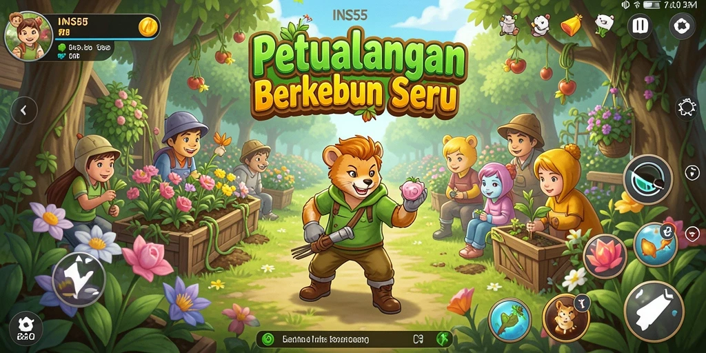Screenshot gameplay <strong>INS55</strong> menunjukkan kebun yang subur dan aktivitas berkebun yang mengasyikkan.