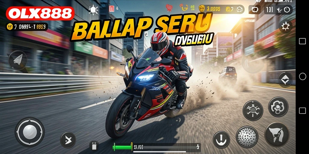 Screenshot gameplay OLX888 menunjukkan balapan motor yang intens dan grafis yang menawan.