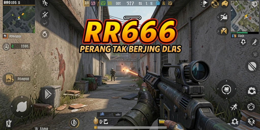 Screenshot gameplay RR666 menampilkan aksi seru dalam pertempuran FPS.