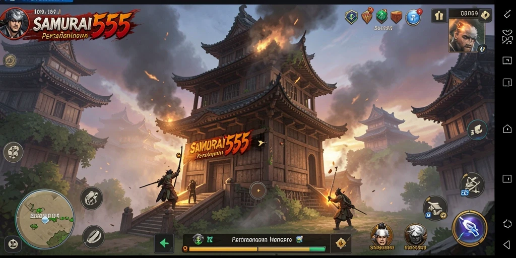 Gameplay menegangkan dalam SAMURAI555 dengan menara yang siap bertarung.